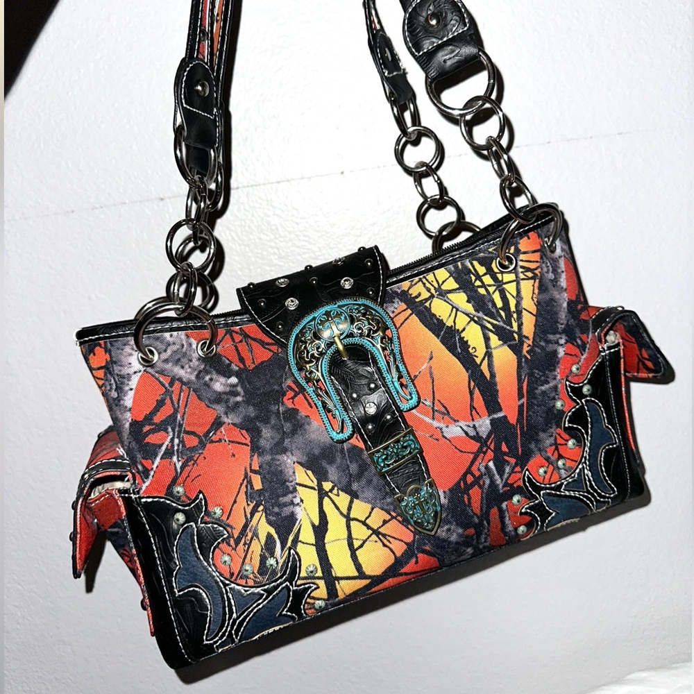 Brand New Orange and black camo print western cowboy purse